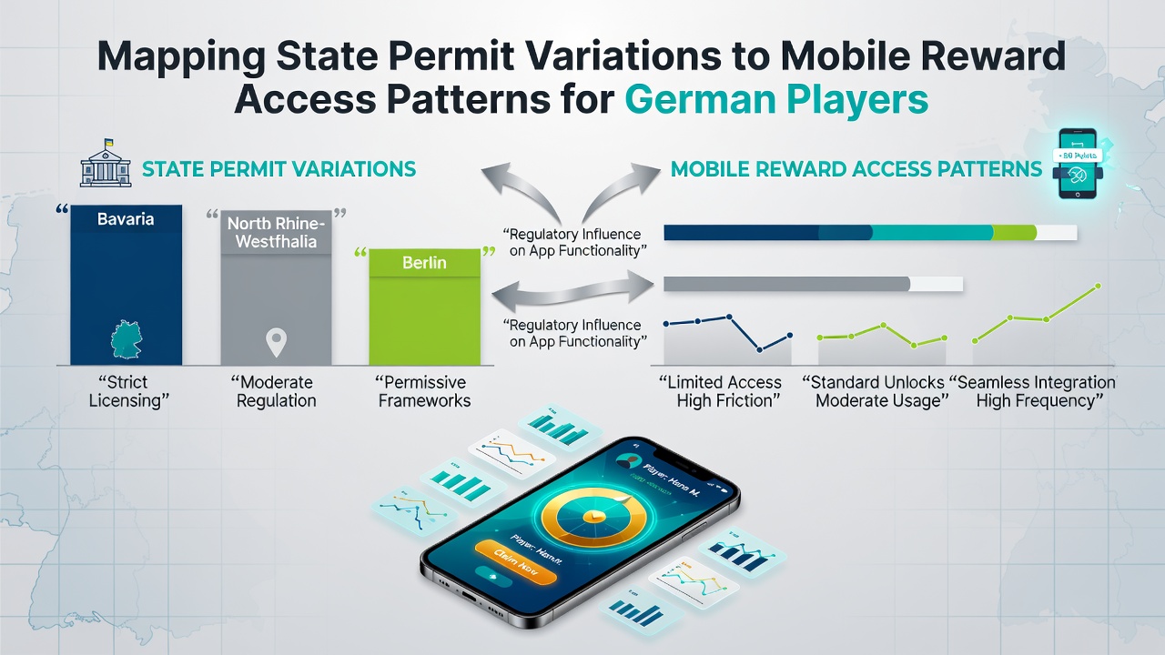 Landkarte Deutschlands mit farblich markierten Bundesländern und mobilen Casino-Symbolen, die regionale Genehmigungsunterschiede darstellen